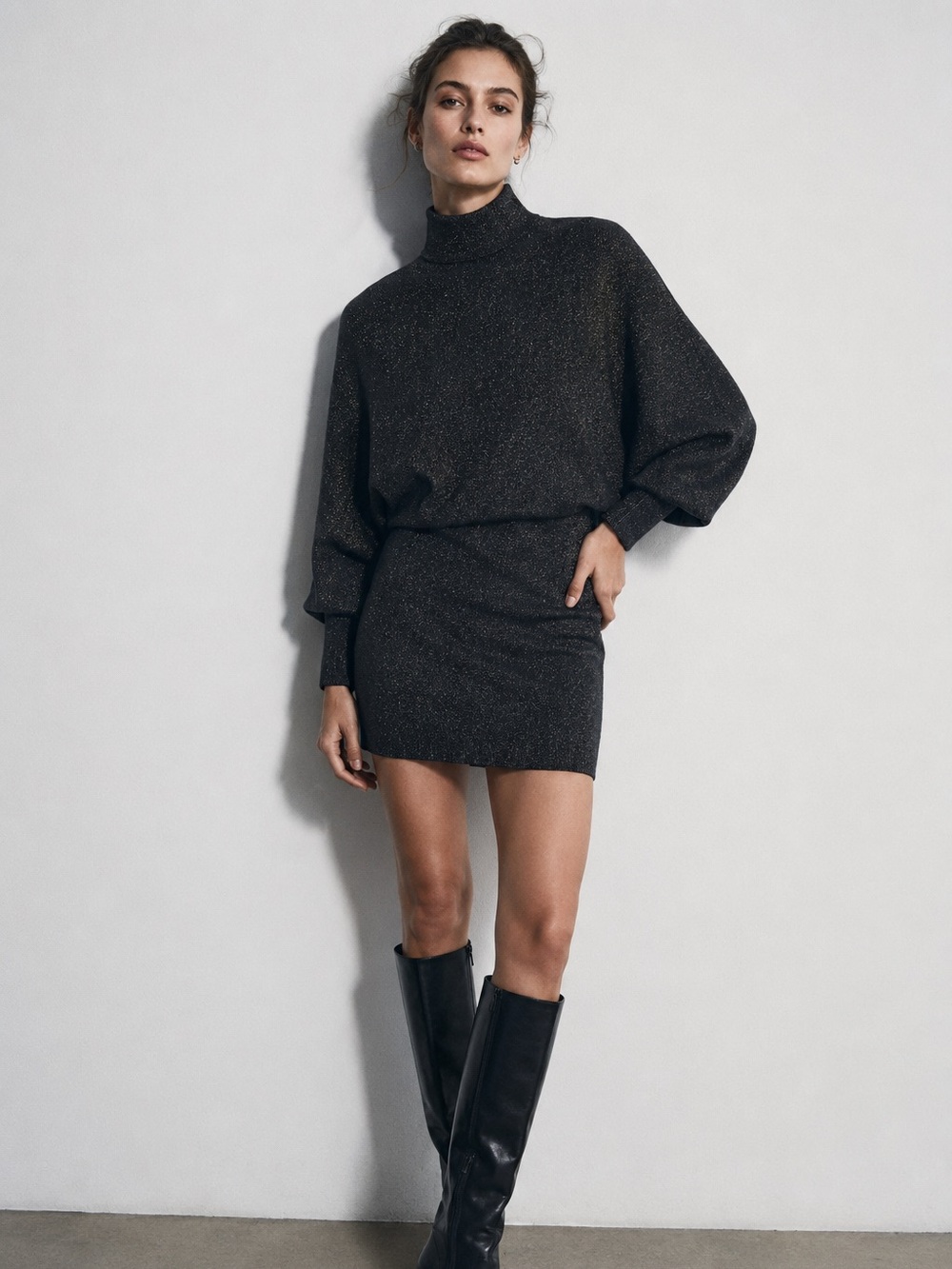 ALICE + OLIVIA Metallic Knit Turtleneck Mini Dress XS Black Shimmer Wool Blend